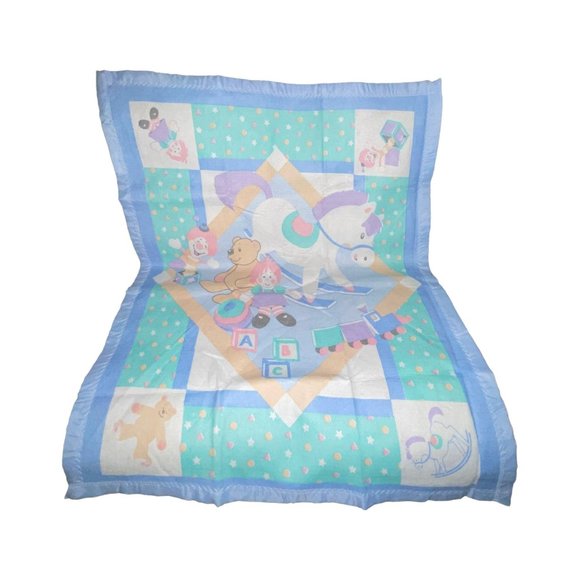 Vintage 1980's Satin Trim Blanket Rocking Horse Bear Doll Train Blocks Excellent - Picture 1 of 10